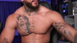 Tattooed boyfriend dildo play